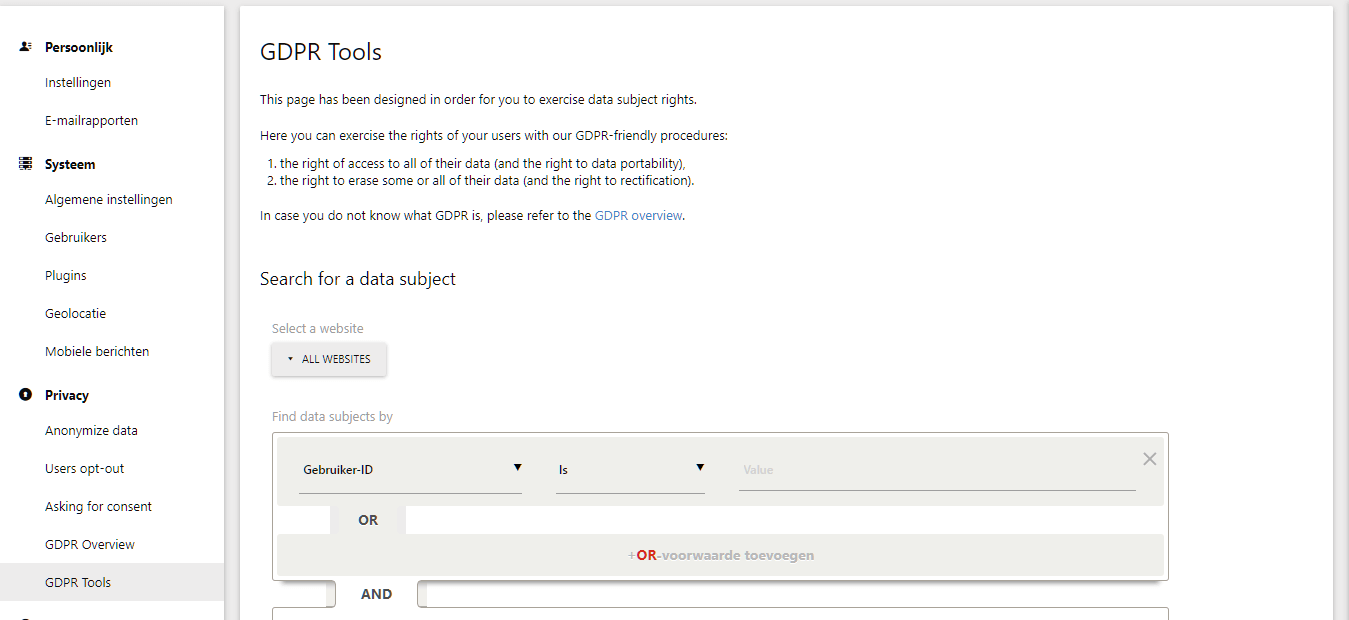 Matomo GDPR Administratie Screenshot